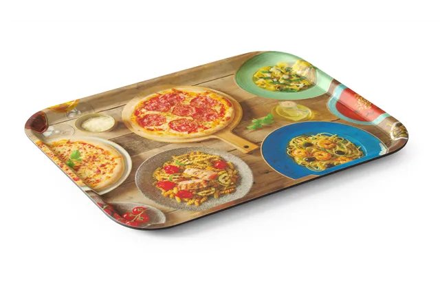 Taca do serwowania z nadrukiem, antypoślizgowa, tasty pizza & pasta, 330x430mm Hendi 508015