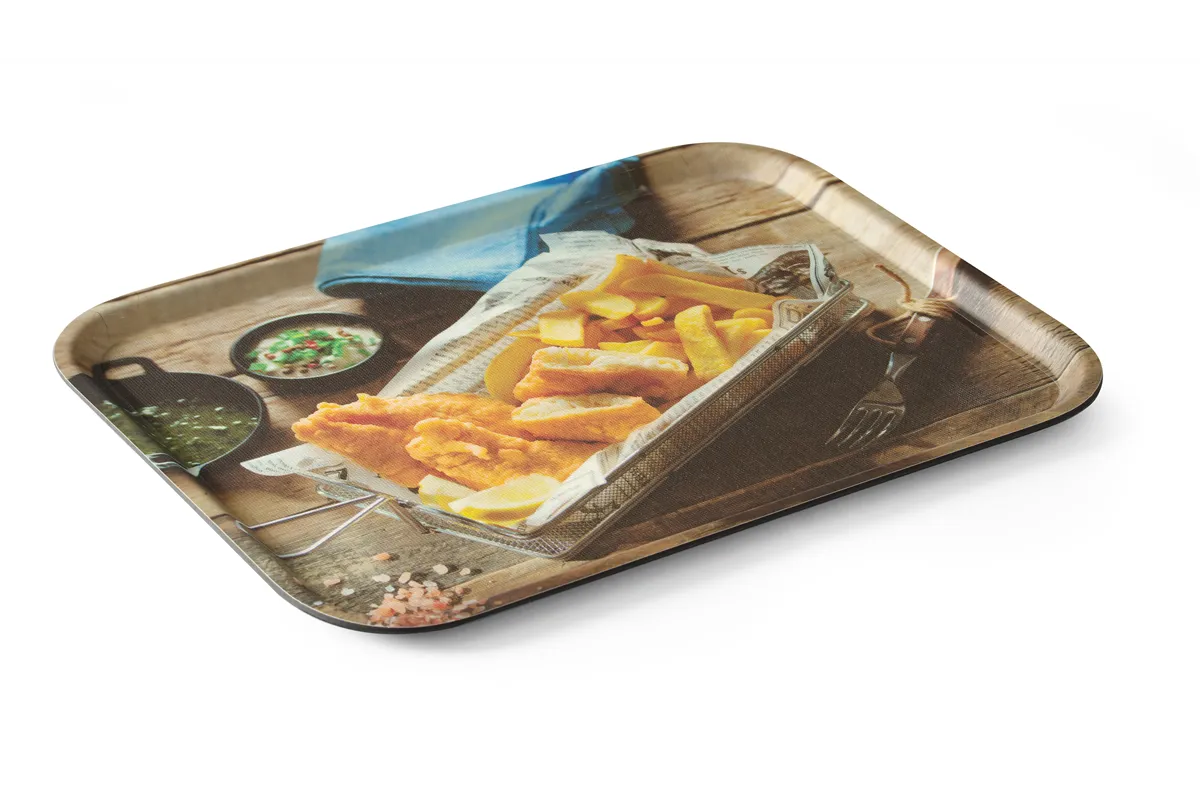 Taca do serwowania z nadrukiem, antypoślizgowa, tasty fish & chips, 330x430mm Hendi 508022