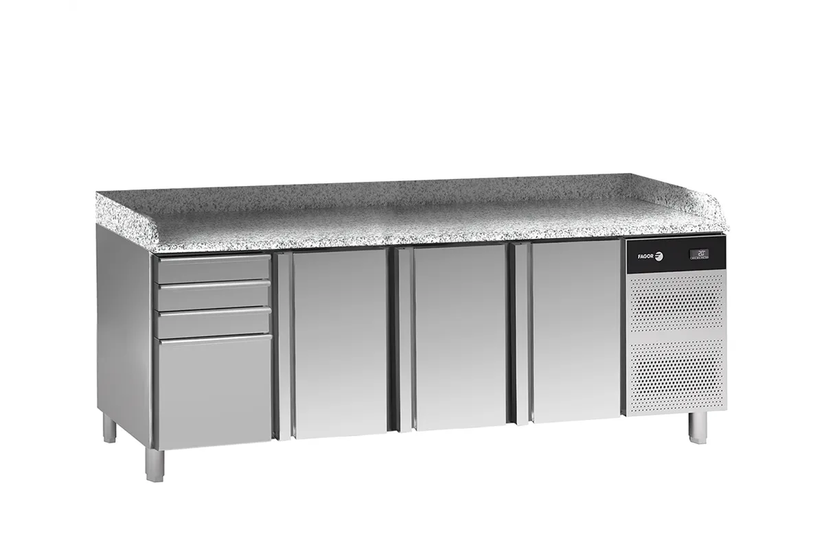 Stół do pizzy z blatem granitowym EN 60x40 z 3 drzwiami + moduł 4 szuflad 792L 2542x800x850mm Fagor CCP-3B GR D4