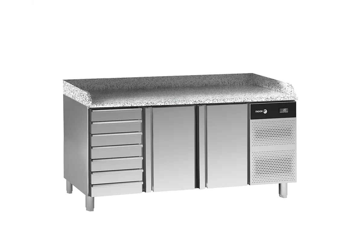 Stół do pizzy z blatem granitowym EN 60x40 z 2 drzwiami + moduł 7 szuflad 584L 2017x800x850mm Fagor CCP-2B GR D7