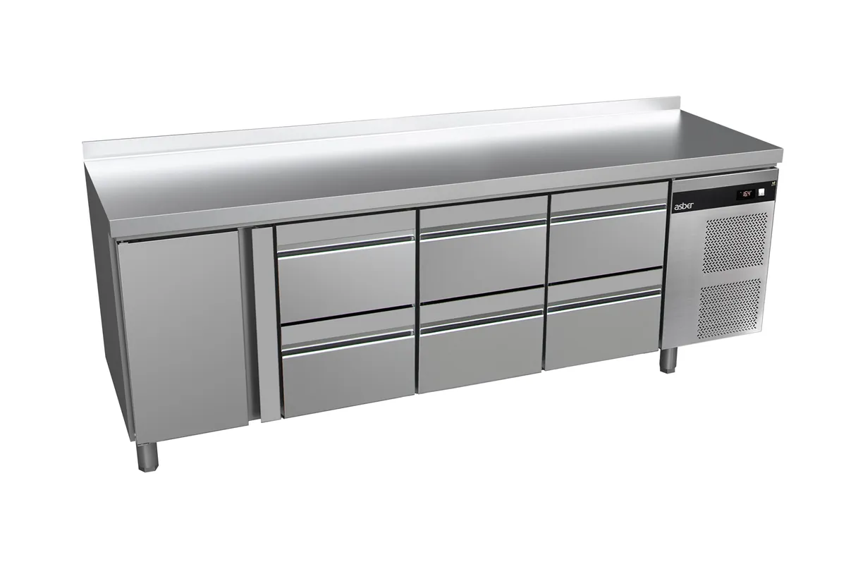 Stół chłodniczy 700mm z szufladami GN1/1, 6xszuflady, 1xdrzwi pełne 2242x700x850mm, 208W 230V Asber GGTP-7-225-16 SB40