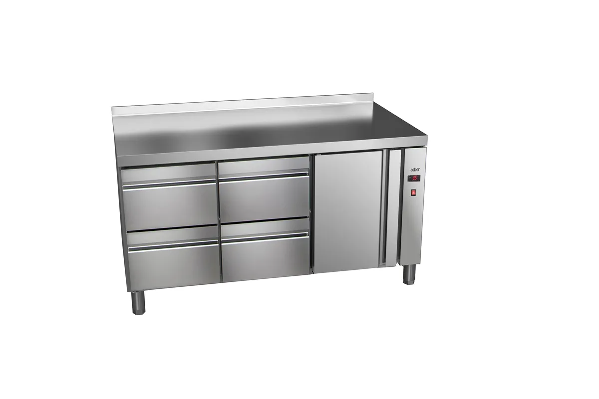 Stół chłodniczy 700mm z szufladami GN 1/1 bez agregatu, 4xszuflady, 1xdrzwi pełne 1492x700x850mm, 32W 230V Asber ETP-7-147-14 R 