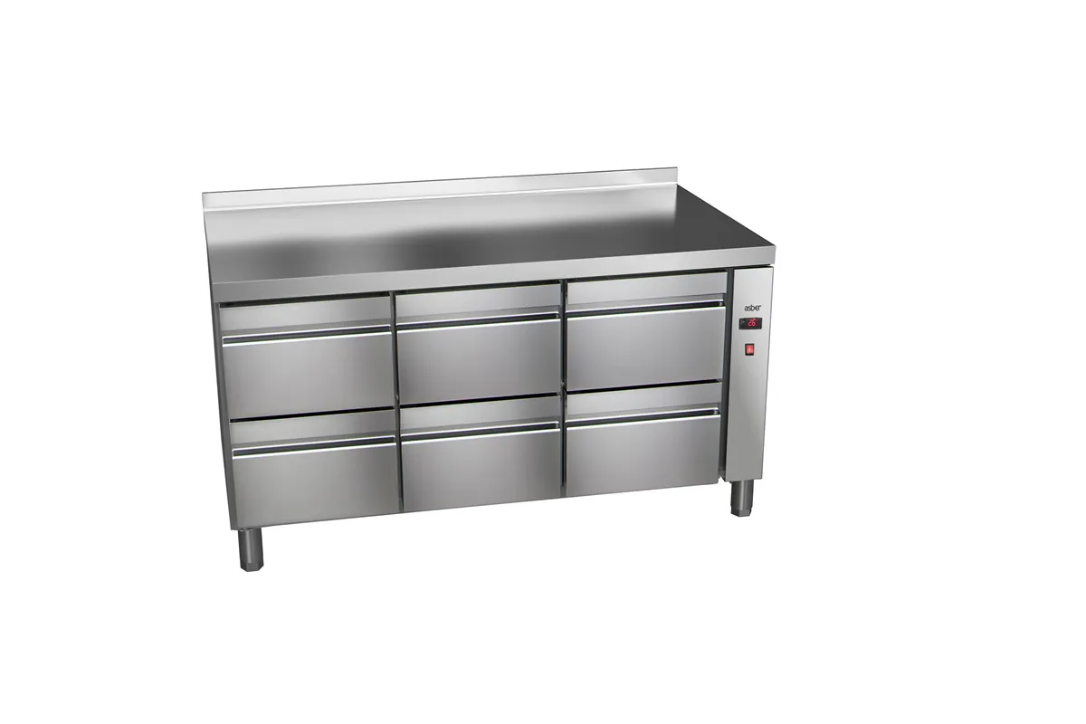 Stół chłodniczy 700mm z szufladami GN 1/1 bez agregatu, 6xszuflady  1492x700x850mm, 32W 230V Asber ETP-7-147-06 R HC SB40