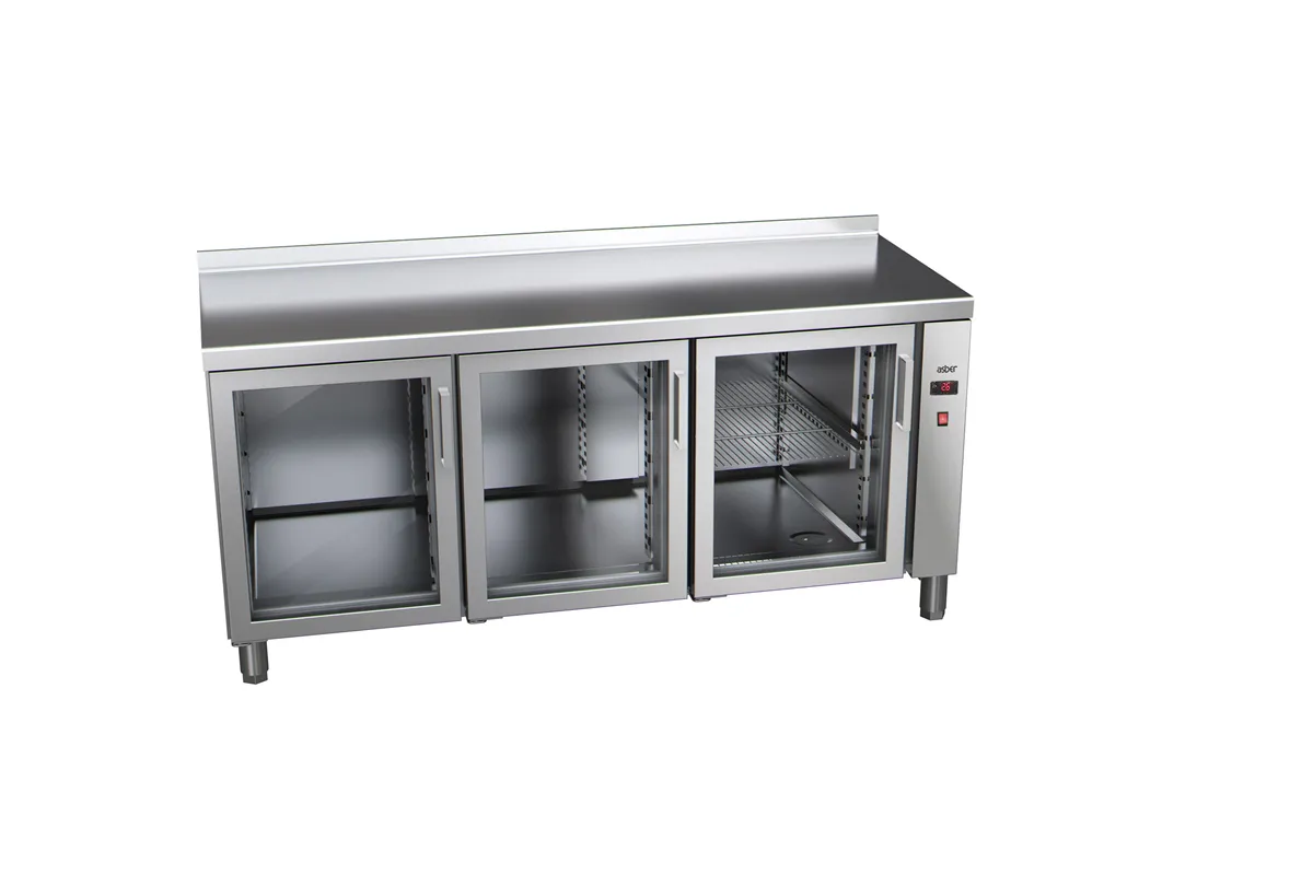 Stół chłodniczy ze szklanymi drzwiami 700mm GN 1/1 bez agregatu, 3xszklane drzwi 1492x700x850mm, 32W 230V Asber ETP-7-147-30 R H