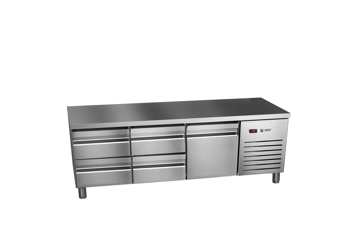 Stół chłodniczy 700mm GN 1/1, 1xszuflady+4x1/3drzwi pełne 1792x700x584mm, 253W 230V Asber ETPB-180-05 HC 90NS