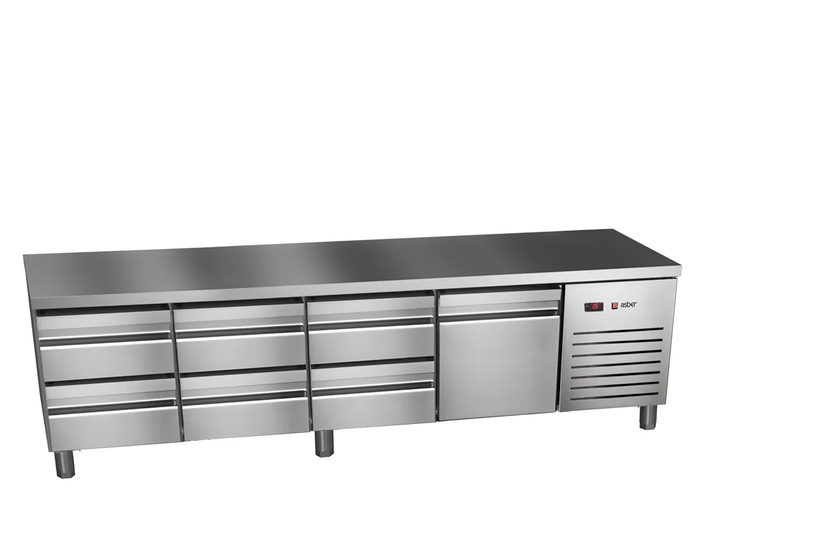 Stół chłodniczy 700mm GN 1/1,  1xszuflady+ 6x2/3drzwi pełne 2242x700x584mm, 336W 230V Asber ETPB-225-07 HC 90NS