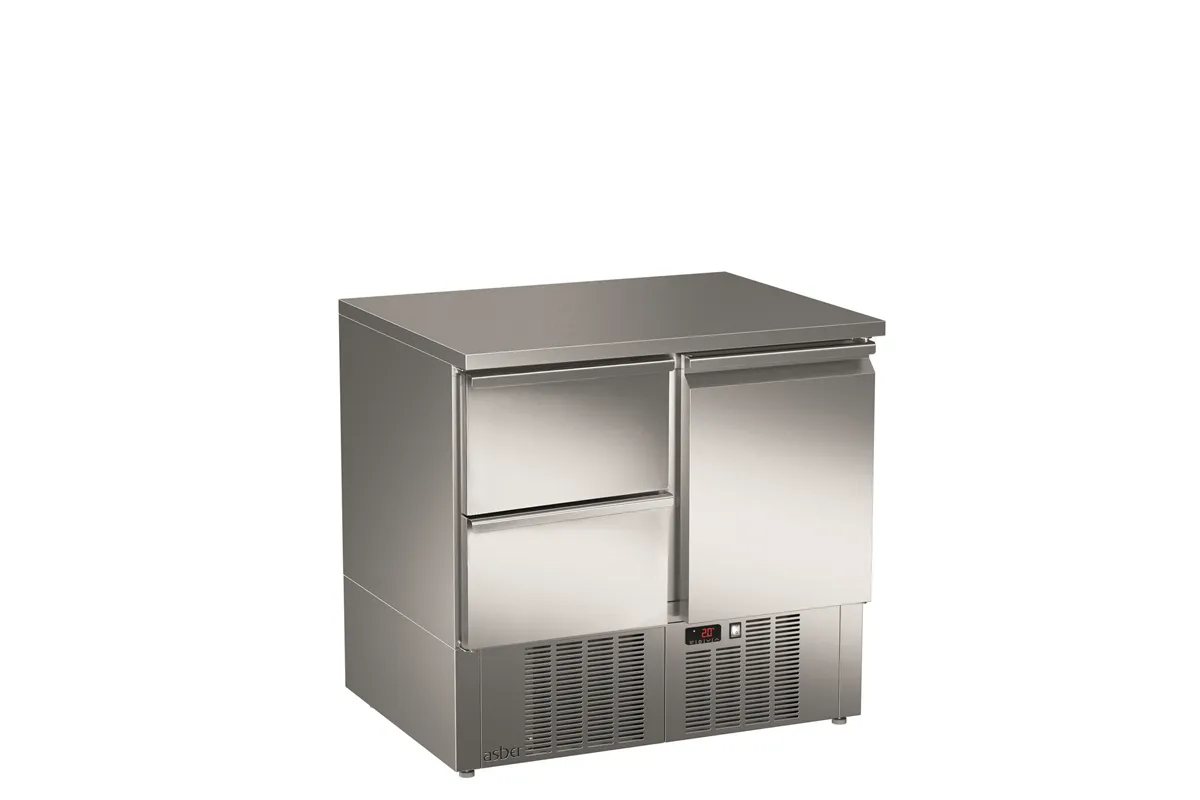 Stół sałatkowy z litym blatem, 2xszuflady+1xdrzwi pełne 894x700x850 245W 230V Asber ETS-090-12 NS