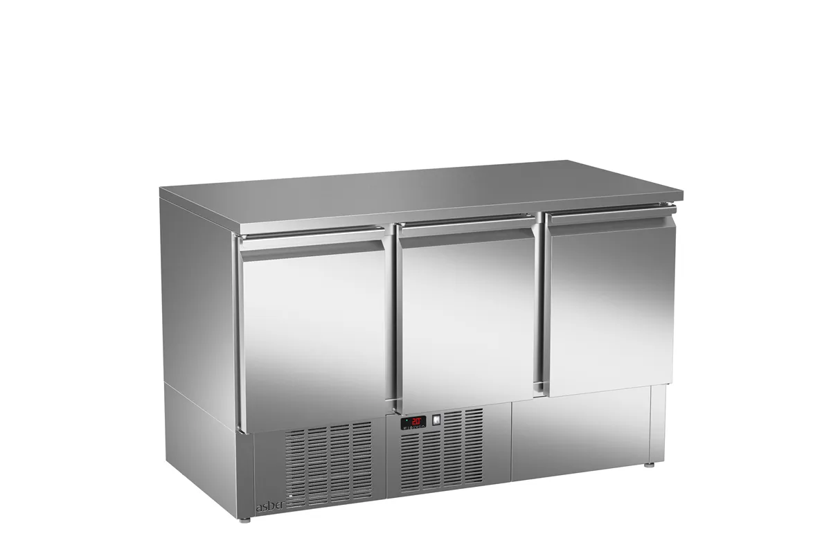Stół sałatkowy z litym blatem, 3xdrzwi pełne 1358x700x850 267W 230V Asber ETS-140 NS