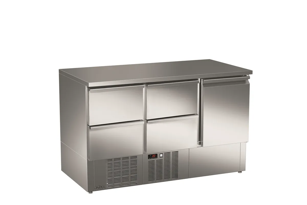 Stół sałatkowy z litym blatem, 4xszuflady+1xdrzwi pełne 1358x700x850 267W 230V Asber ETS-140-14 NS