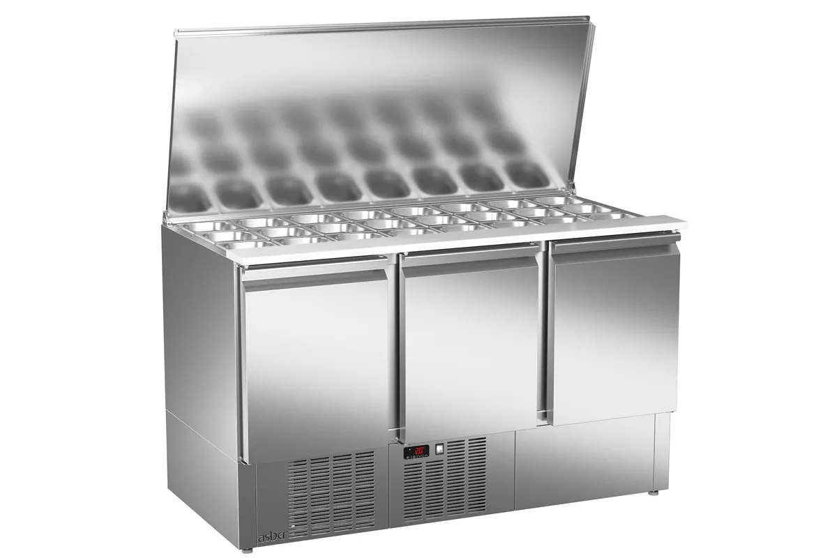 Stół sałatkowy z blatem polietylenowym, 3xdrzwi pełne 1358x700x861 267W 230V Asber ETS-140