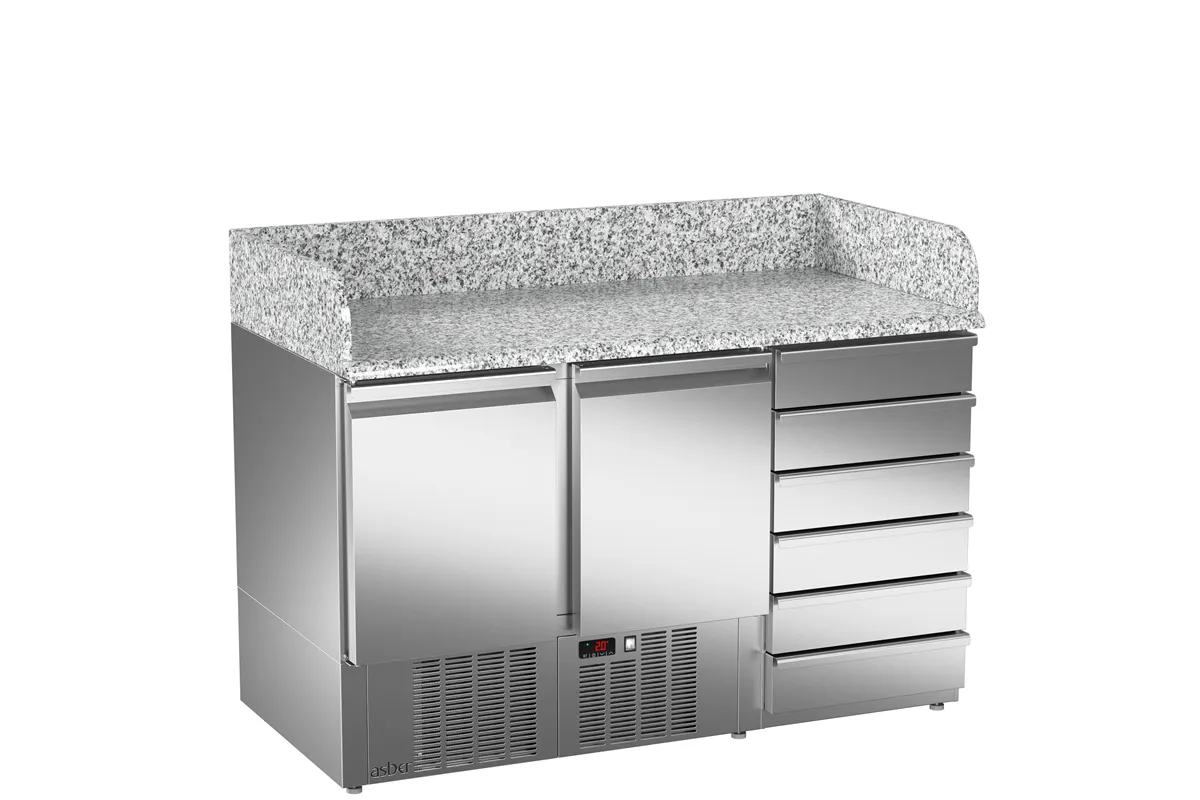 Kompaktowy stół sałatkowy do pizzy, 6xszuflady+2xdrzwi pełne 1358x700x1010 267W 230V Asber ETCPZ-140 26
