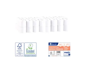 Papier toaletowy MERIDA PREMIUM, biały, średnica 10,5 cm, długość 27,5 m, trzywarstwowy, worek 64 szt., ECOLABEL Merida PPB501