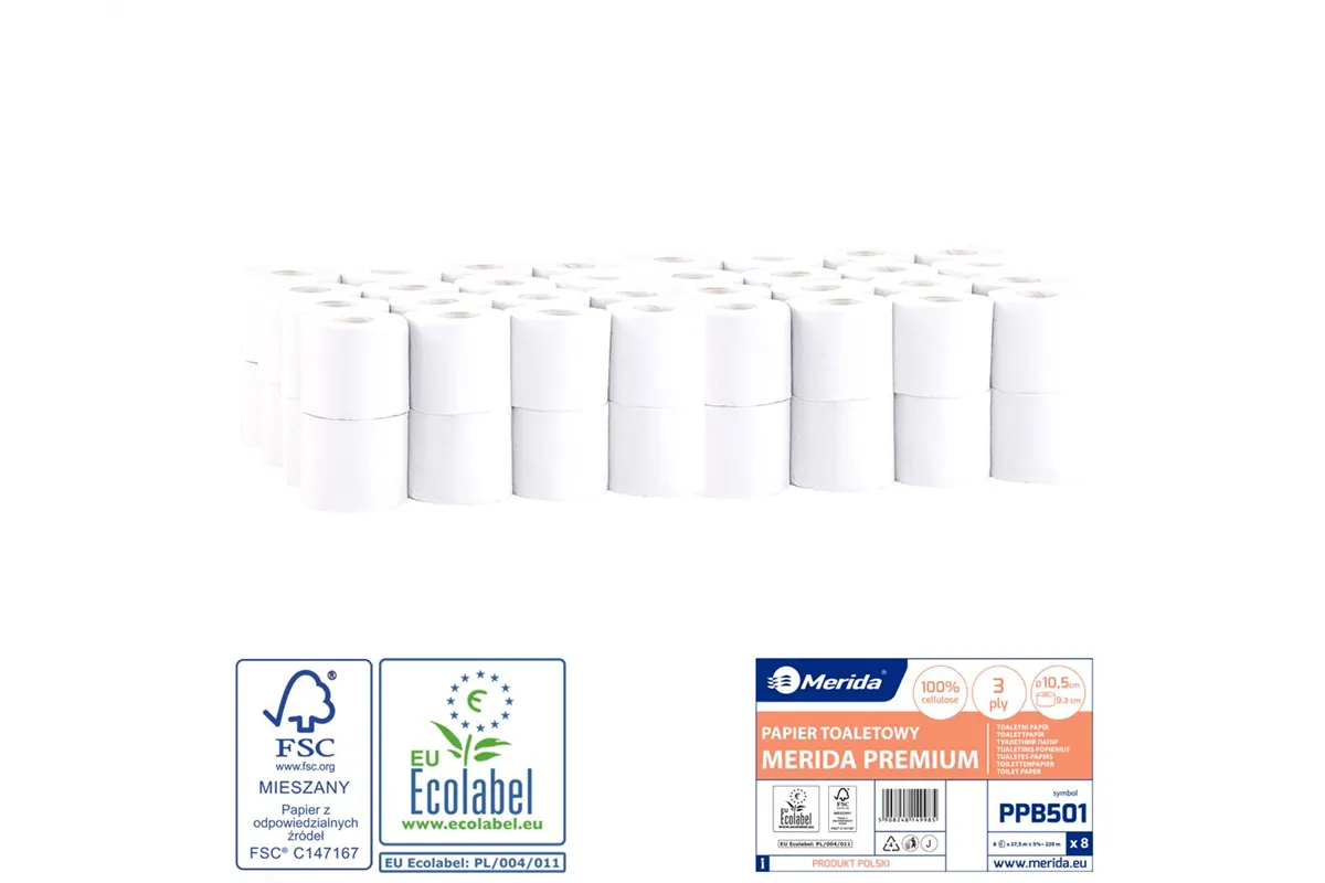 Papier toaletowy MERIDA PREMIUM, biały, średnica 10,5 cm, długość 27,5 m, trzywarstwowy, worek 64 szt., ECOLABEL Merida PPB501