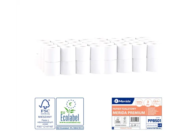 Papier toaletowy MERIDA PREMIUM, biały, średnica 10,5 cm, długość 27,5 m, trzywarstwowy, worek 64 szt., ECOLABEL Merida PPB501
