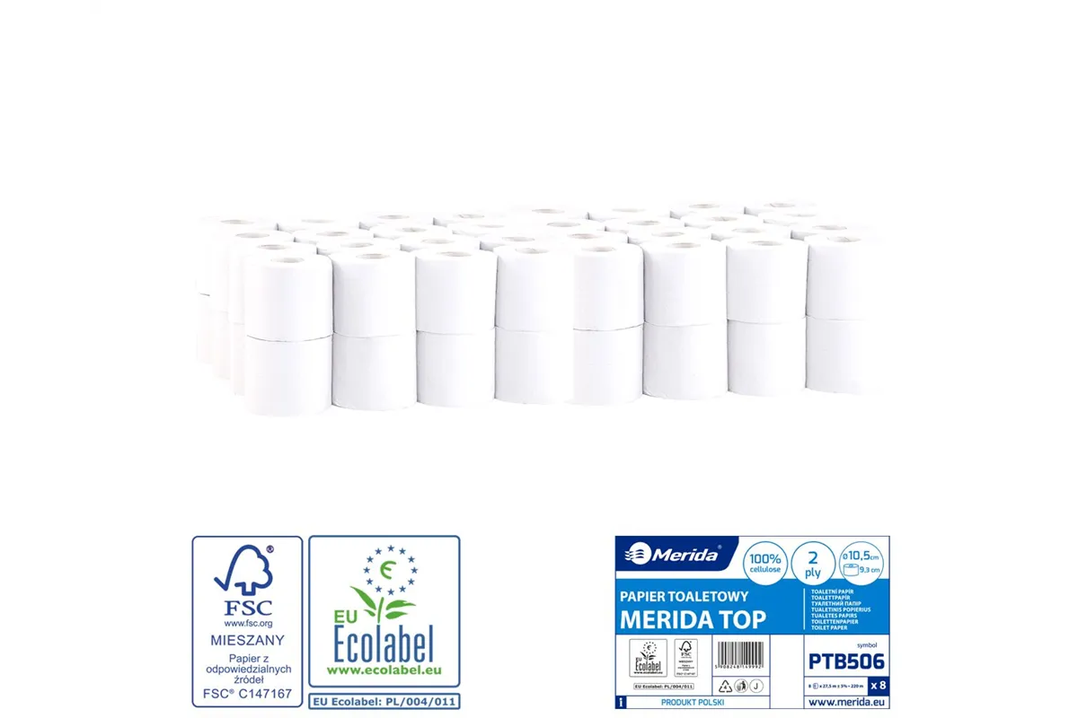 Papier toaletowy MERIDA TOP, biały, średnica 10,5 cm, długość 27,5 m, dwuwarstwowy, worek 64 szt., ECOLABEL Merida PTB506
