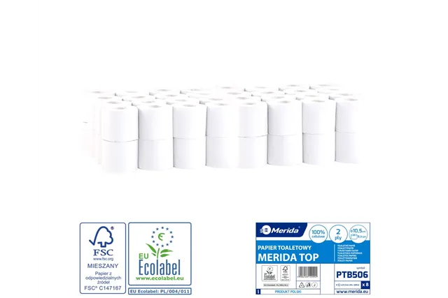 Papier toaletowy MERIDA TOP, biały, średnica 10,5 cm, długość 27,5 m, dwuwarstwowy, worek 64 szt., ECOLABEL Merida PTB506