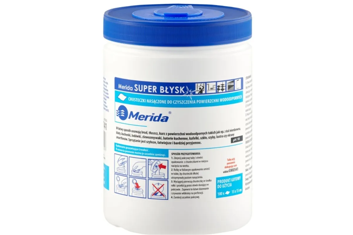 Chusteczki nasączone do czyszczenia powierzchni wodoodpornych MERIDA SUPER BŁYSK, tuba, rolka 15 m, 100 listków Merida UMU741