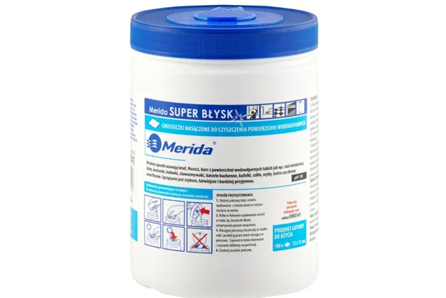 Chusteczki nasączone do czyszczenia powierzchni wodoodpornych MERIDA SUPER BŁYSK, tuba, rolka 15 m, 100 listków Merida UMU741
