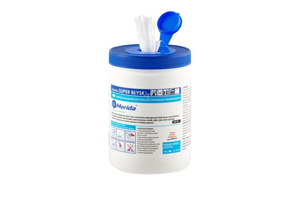Chusteczki nasączone do czyszczenia powierzchni wodoodpornych MERIDA SUPER BŁYSK, tuba, rolka 15 m, 100 listków Merida UMU741