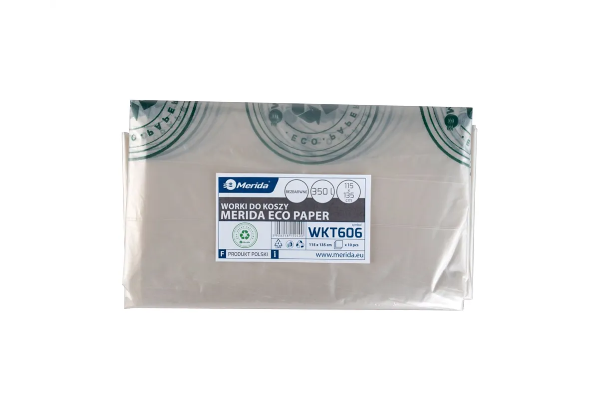 Worki na zużyte ręczniki papierowe, MERIDA ECO PAPER, 115x135 cm, pojemność 350l, paczka 10szt., BEZBARWNE, LDPE WKT606