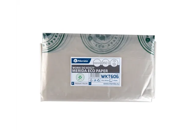 Worki na zużyte ręczniki papierowe, MERIDA ECO PAPER, 115x135 cm, pojemność 350l, paczka 10szt., BEZBARWNE, LDPE WKT606