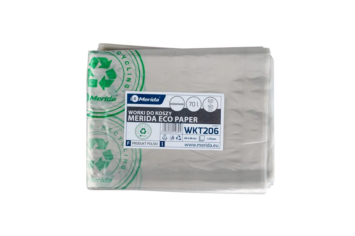 Worki na zużyte ręczniki papierowe, MERIDA ECO PAPER, 60 x 90 cm, pojemność 70 l, paczka 50 szt., BEZBARWNE, LDPE Merida WKT206