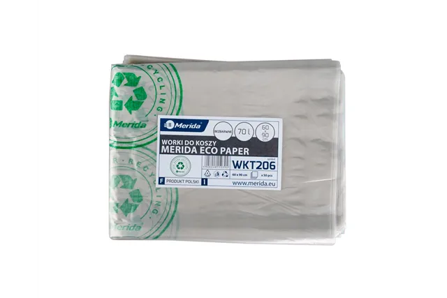 Worki na zużyte ręczniki papierowe, MERIDA ECO PAPER, 60 x 90 cm, pojemność 70 l, paczka 50 szt., BEZBARWNE, LDPE Merida WKT206