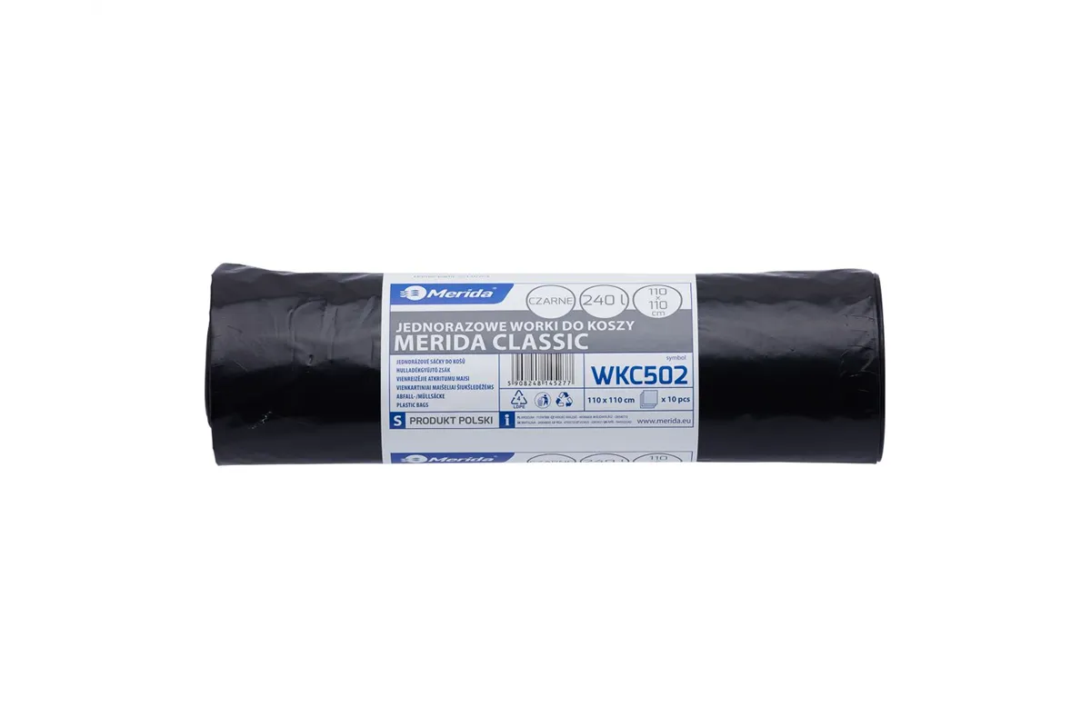 Worki na śmieci MERIDA, 110 x 110 cm, pojemność 240 l., rolka 10 szt., CZARNE, LDPE Merida WKC502