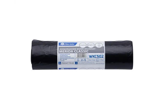 Worki na śmieci MERIDA, 110 x 110 cm, pojemność 240 l., rolka 10 szt., CZARNE, LDPE Merida WKC502