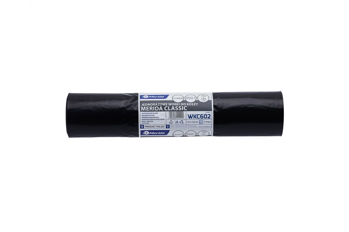 Worki na śmieci MERIDA, 115 x 135 cm, pojemność 350 l, rolka 10 szt., CZARNE, LDPE
 Merida WKC602