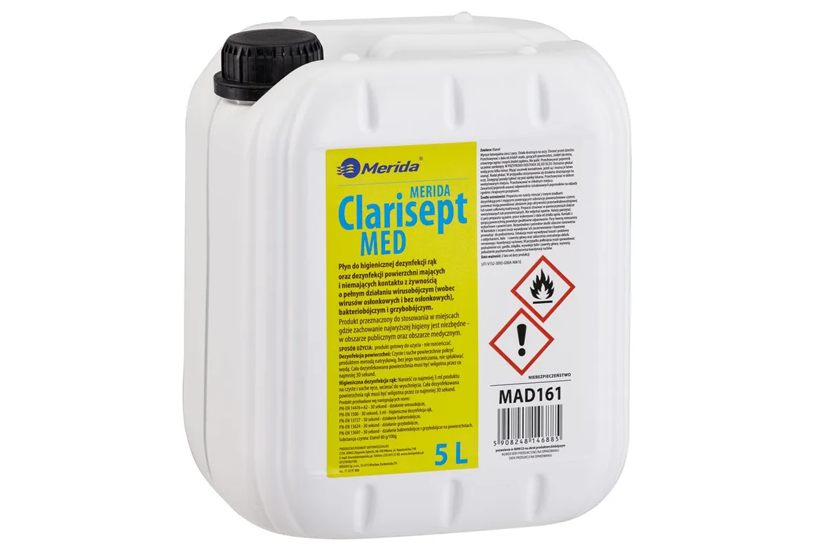 Płyn dezynfekcyjny MERIDA CLARISEPT MED do higienicznej dezynfekcji rąk oraz powierzchni, kanister 5 l
 Merida MAD161