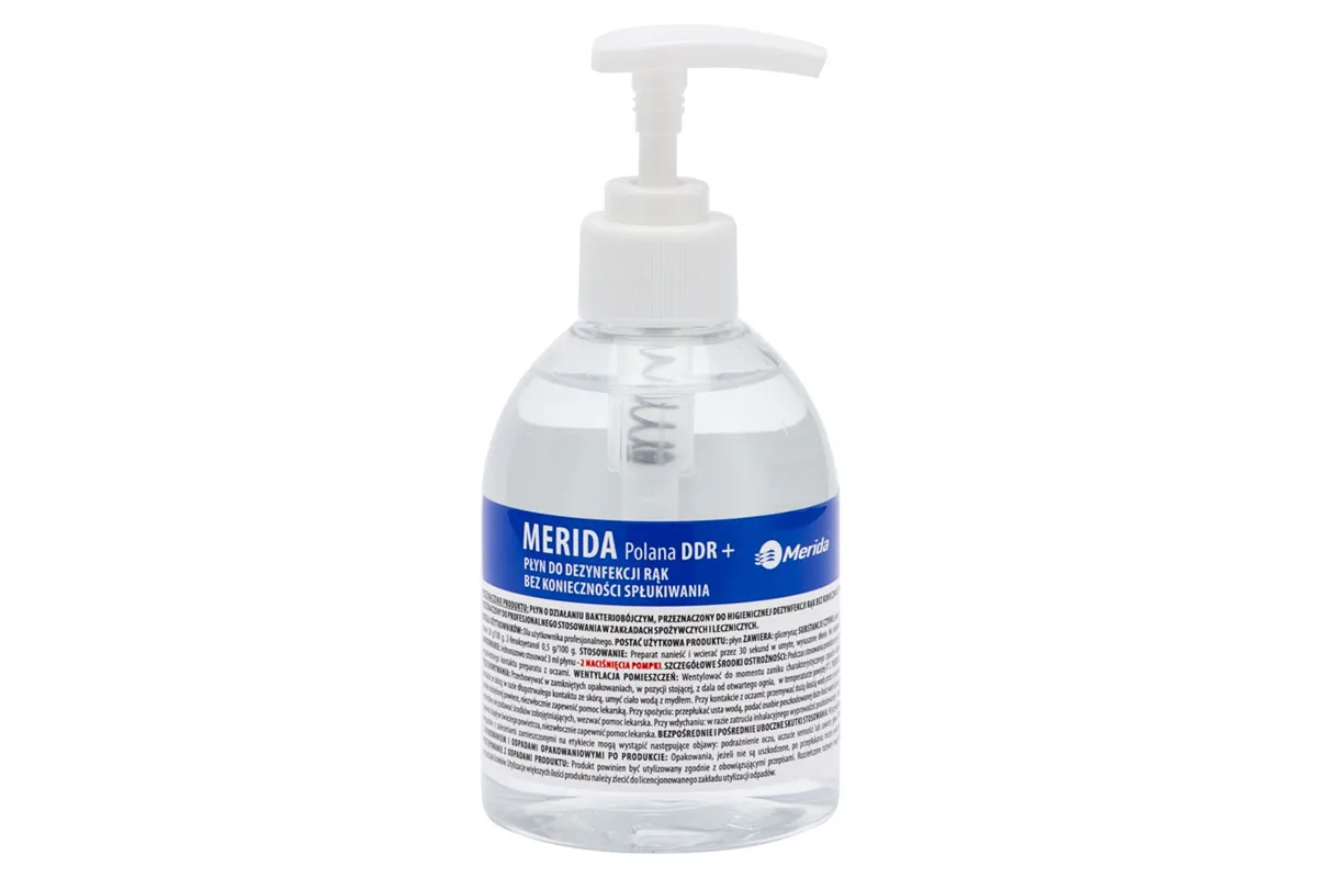 Płyn dezynfekcyjny MERIDA POLANA DDR+ do chirurgicznej i higienicznej dezynfekcji rąk, butelka 300 ml z pompką
 Merida MAD955