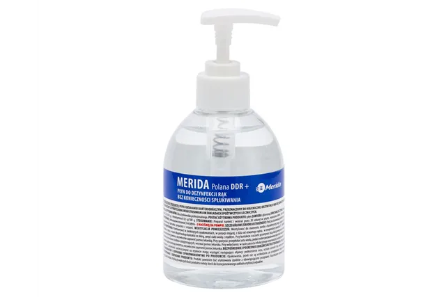 Płyn dezynfekcyjny MERIDA POLANA DDR+ do chirurgicznej i higienicznej dezynfekcji rąk, butelka 300 ml z pompką
 Merida MAD955