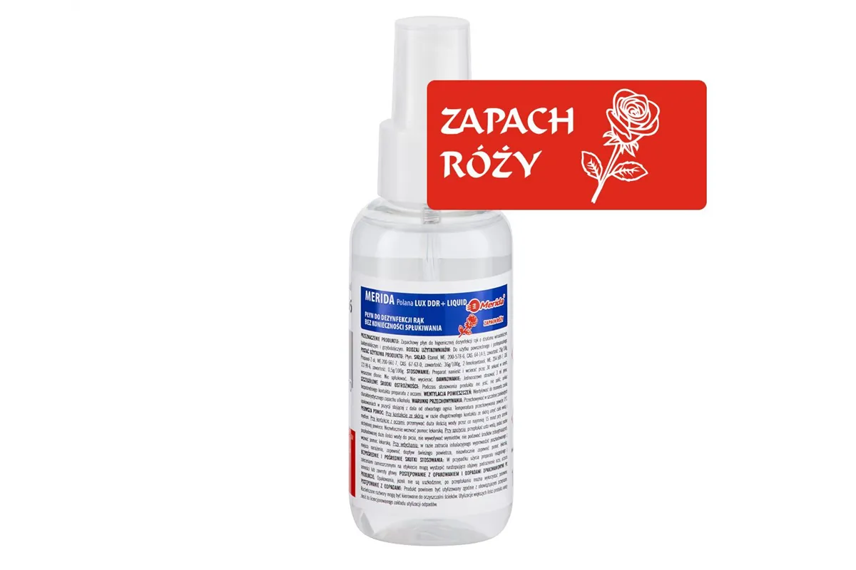 Płyn dezynfekcyjny o zapachu róży MERIDA POLANA LUX DDR+ LIQUID do higienicznej dezynfekcji rąk 100ml z atomizerem
 MAD966