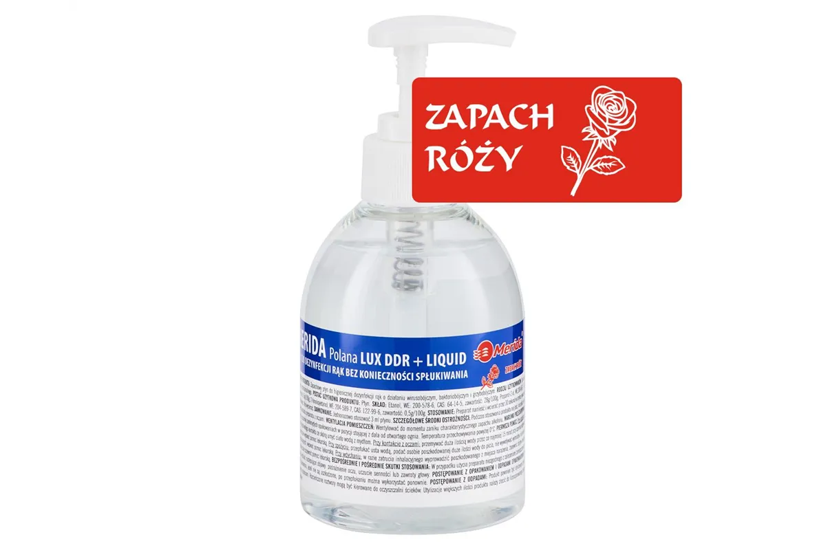 Płyn dezynfekcyjny o zapachu róży MERIDA POLANA LUX DDR+ LIQUID do higienicznej dezynfekcji rąk, butelka 300 ml z pompką
 MAD96