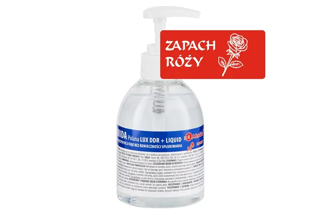 Płyn dezynfekcyjny o zapachu róży MERIDA POLANA LUX DDR+ LIQUID do higienicznej dezynfekcji rąk, butelka 300 ml z pompką
 MAD96