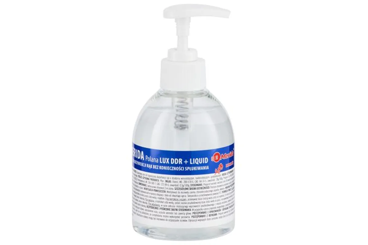 Płyn dezynfekcyjny o zapachu róży MERIDA POLANA LUX DDR+ LIQUID do higienicznej dezynfekcji rąk, butelka 300 ml z pompką
 MAD96