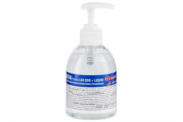 Płyn dezynfekcyjny o zapachu róży MERIDA POLANA LUX DDR+ LIQUID do higienicznej dezynfekcji rąk, butelka 300 ml z pompką
 MAD96