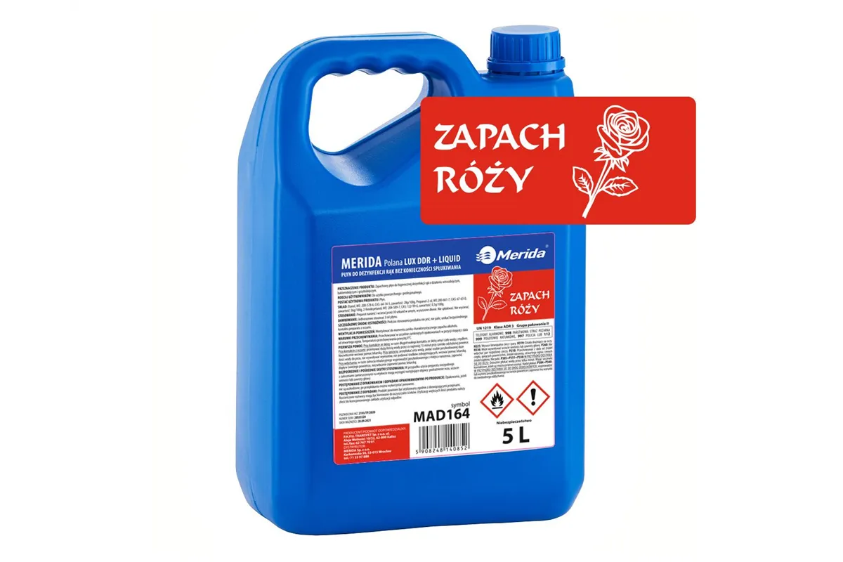 Płyn dezynfekcyjny o zapachu róży MERIDA POLANA LUX DDR+ LIQUID do higienicznej dezynfekcji rąk, kanister 5 l
 Merida MAD164