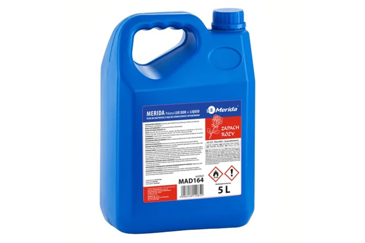 Płyn dezynfekcyjny o zapachu róży MERIDA POLANA LUX DDR+ LIQUID do higienicznej dezynfekcji rąk, kanister 5 l
 Merida MAD164