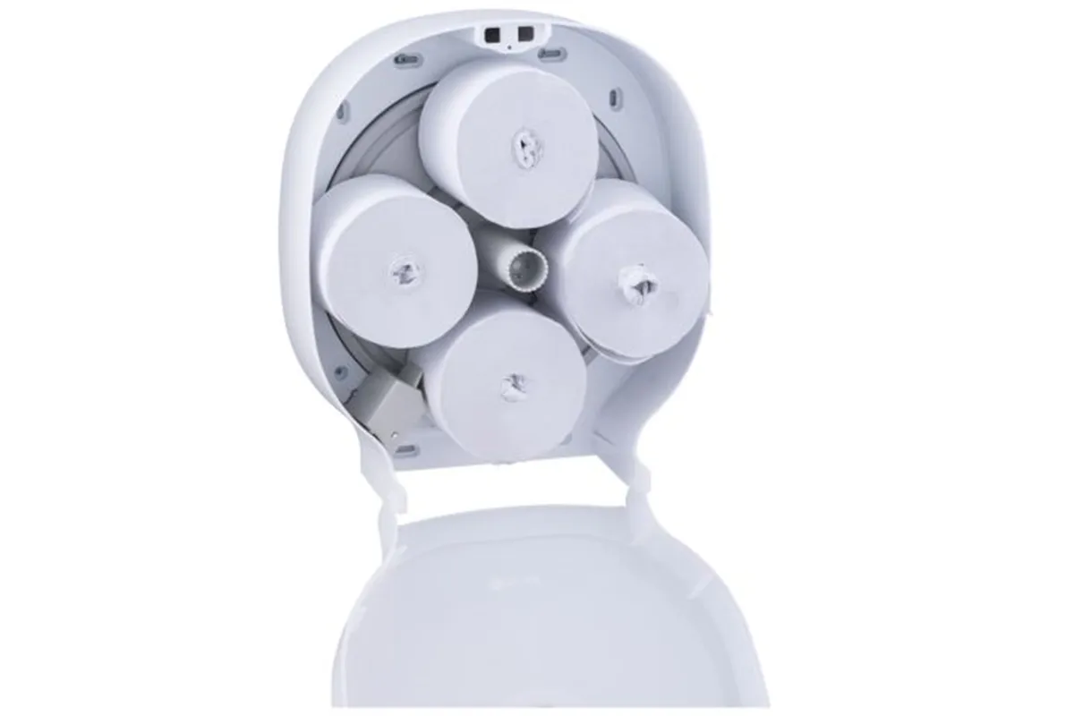 Pojemnik na cztery rolki na cztery rolki papieru toaletowego bez gilzy MERIDA HARMONY, tworzywo, biały transparentny
 BHB302