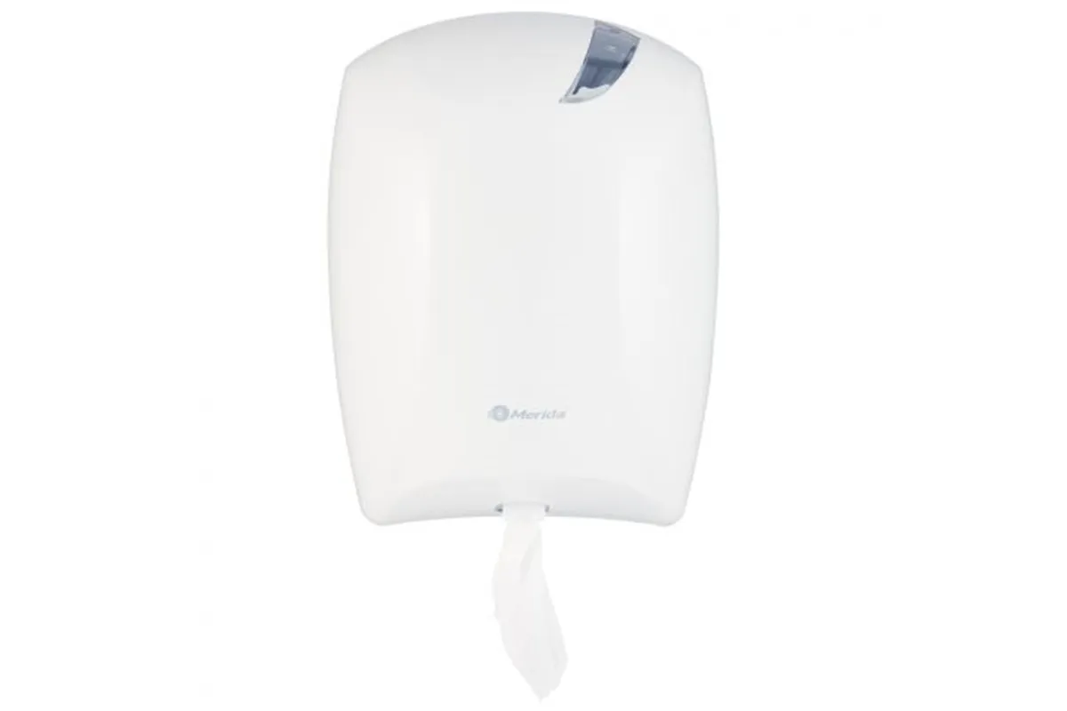 Pojemnik na papier toaletowy lub ręczniki w roli w systemie listkowym CENTER PULL, tworzywo ABS, biały
 Merida BJB702