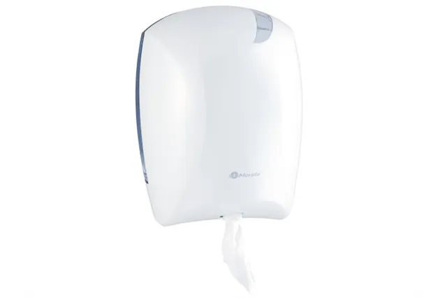 Pojemnik na papier toaletowy lub ręczniki w roli w systemie listkowym CENTER PULL, tworzywo ABS, biały
 Merida BJB702