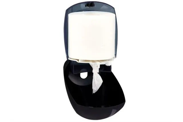 Pojemnik na papier toaletowy lub ręczniki w roli w systemie listkowym CENTER PULL, tworzywo ABS, czarny
 Merida BJC702