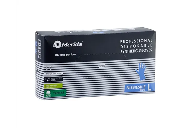 Rękawice winylowo - nitrylowe, niebieskie, rozmiar L, opakowanie 100 szt.
 Merida TRN568