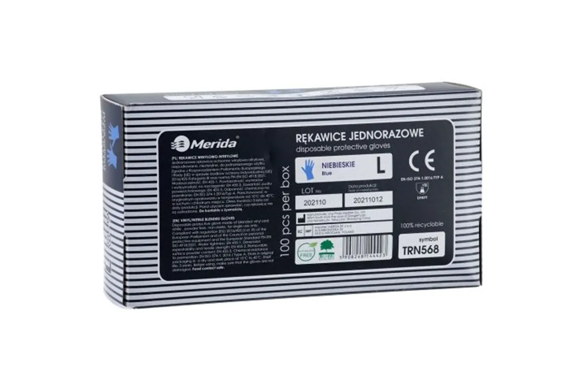 Rękawice winylowo - nitrylowe, niebieskie, rozmiar L, opakowanie 100 szt.
 Merida TRN568