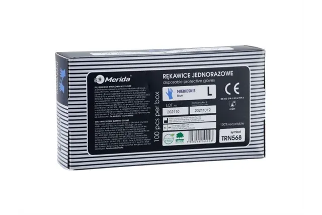 Rękawice winylowo - nitrylowe, niebieskie, rozmiar L, opakowanie 100 szt.
 Merida TRN568