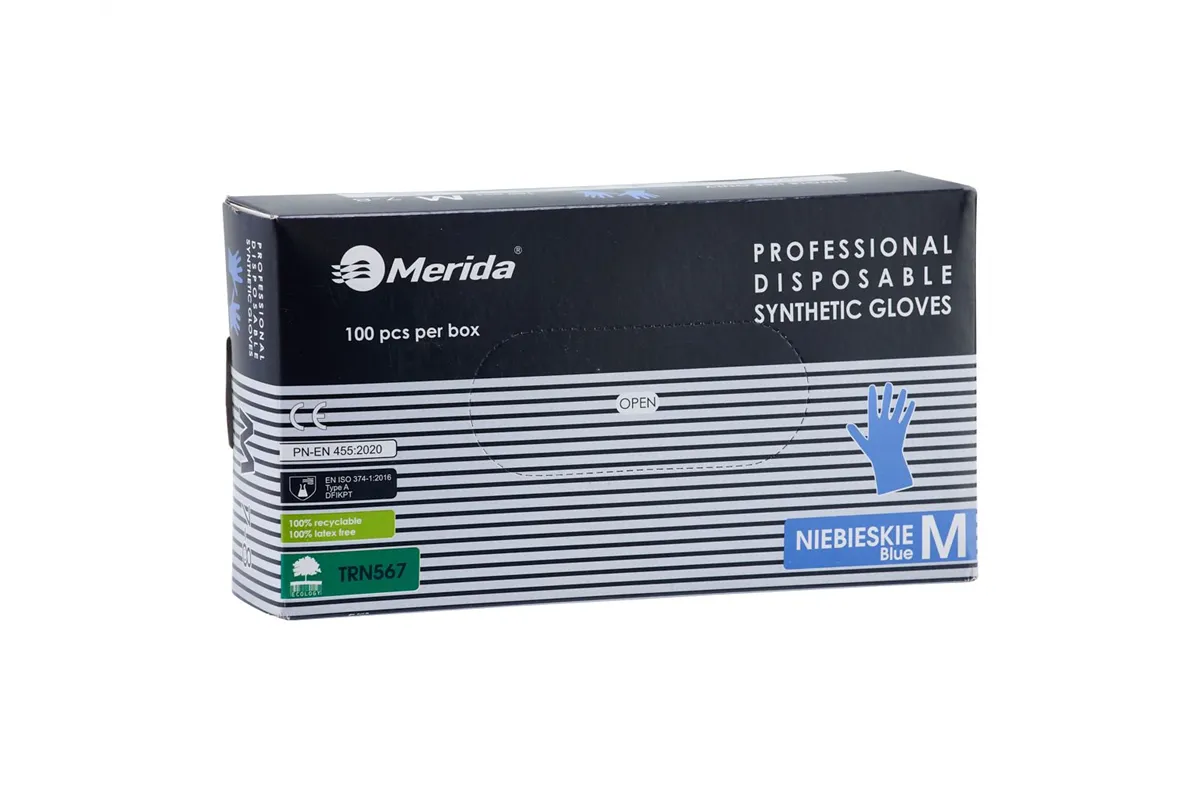 Rękawice winylowo - nitrylowe, niebieskie, rozmiar M, opakowanie 100 szt.
 Merida TRN567