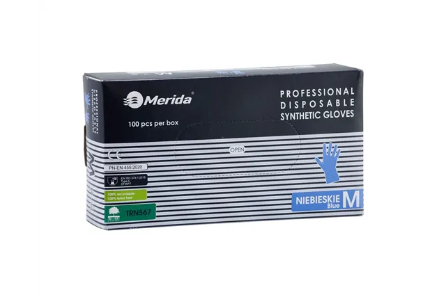 Rękawice winylowo - nitrylowe, niebieskie, rozmiar M, opakowanie 100 szt.
 Merida TRN567