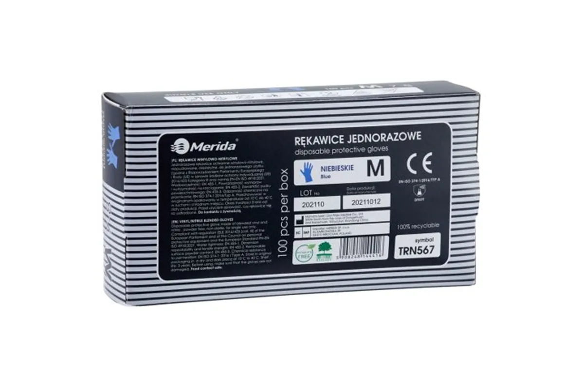 Rękawice winylowo - nitrylowe, niebieskie, rozmiar M, opakowanie 100 szt.
 Merida TRN567